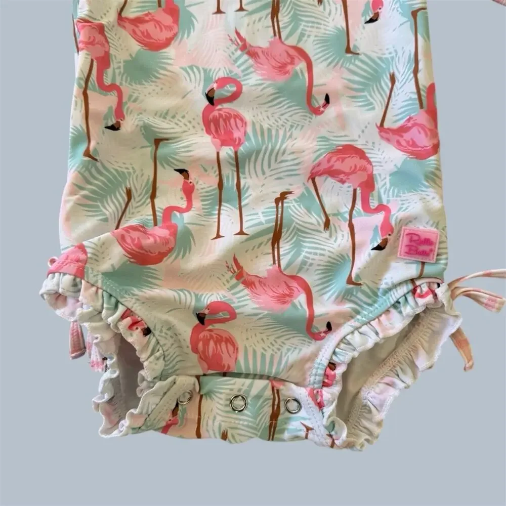 Ruffle Butts Kids Flamingo Print One Piece Rash Guard Swimwear Size 12-18 M